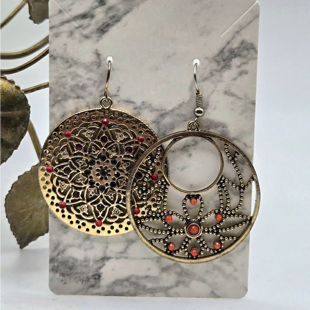 "5/$40" Mismatched Gold/ Red Madala Circle Disc Dangle Earrings